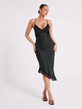 Meshki Black Lace-Trim Satin Slip Midi Dress